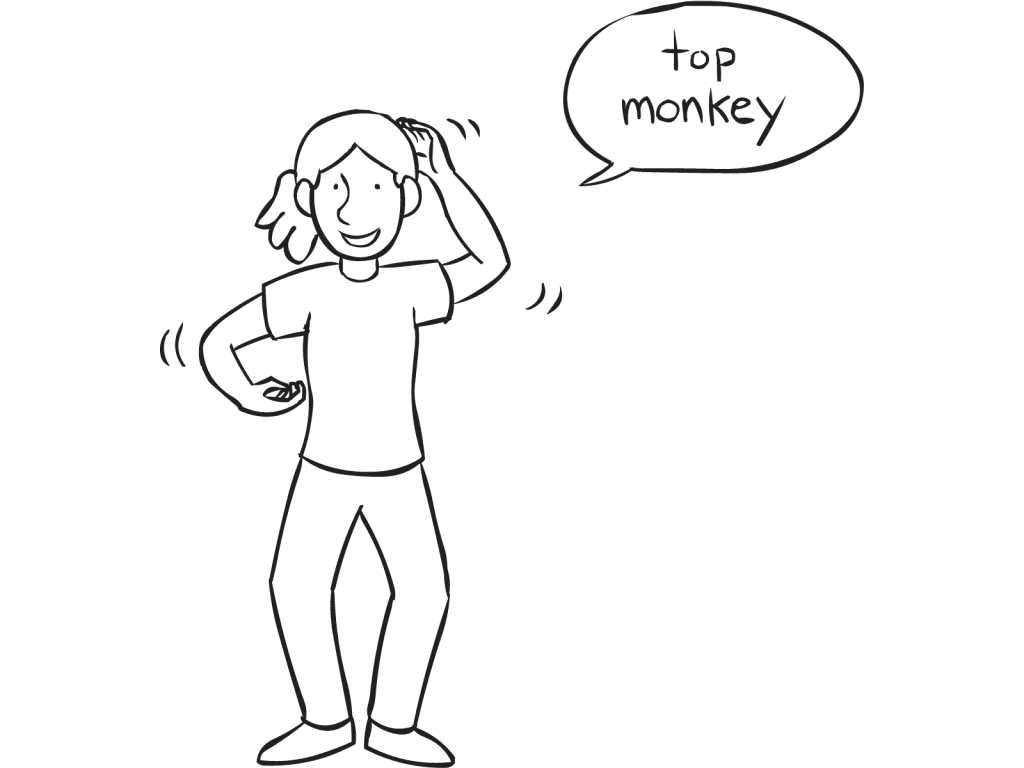 Woman acting like a monkey say Top Monkey in talk bubble representing energetic guessing game
