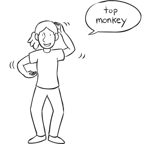 Woman acting like a monkey say Top Monkey in talk bubble representing energetic guessing game