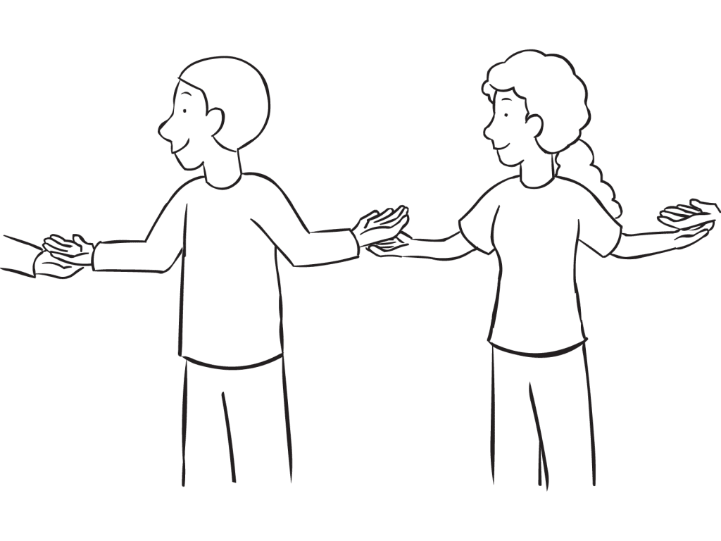 Two people in a circle with hands on top of their partners playing Down By The Banks rhythmic circle game