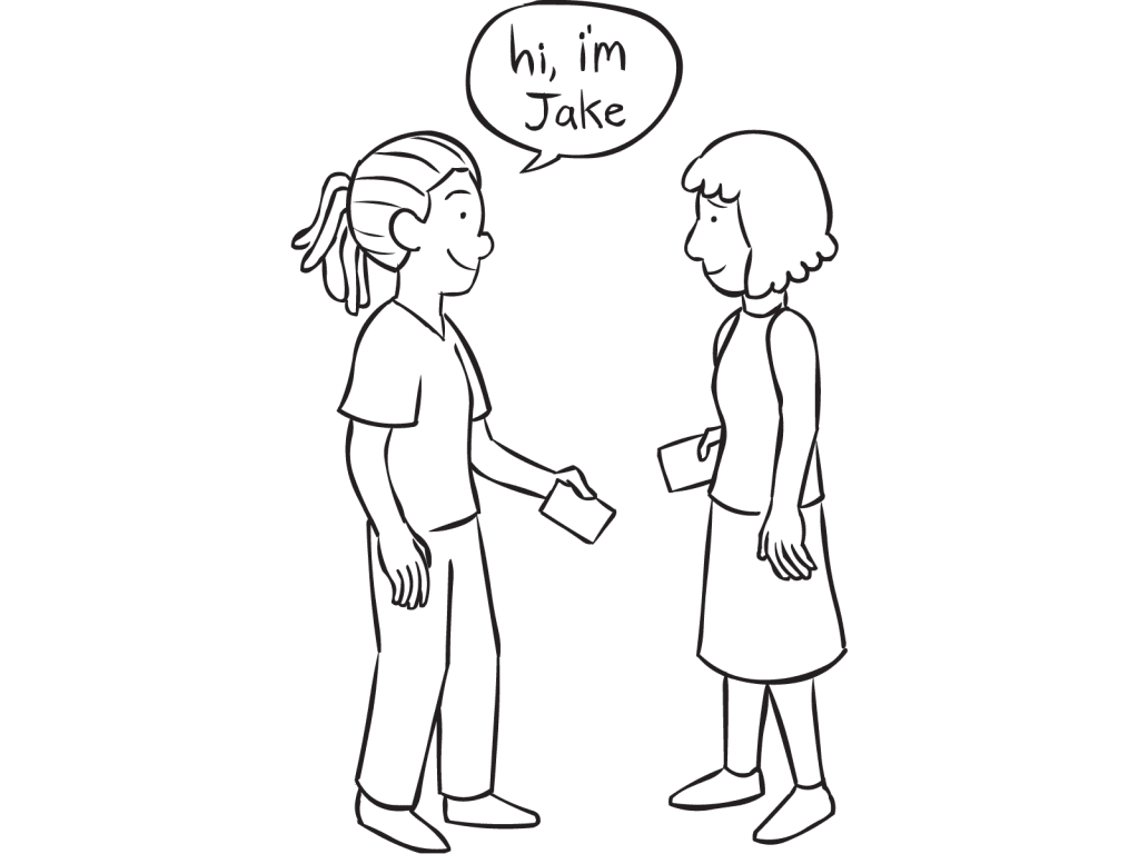 Two woman greeting one another as part of fun interactive identity game Identity Crisis