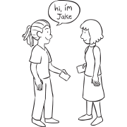 Two woman greeting one another as part of fun interactive identity game Identity Crisis