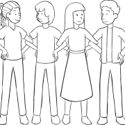 Four people standing in line with interlocked elbows, as part of Making Connections interactive icebreaker game