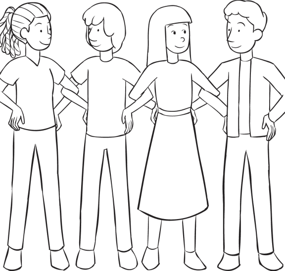 Four people standing in line with interlocked elbows, as part of Making Connections interactive icebreaker game