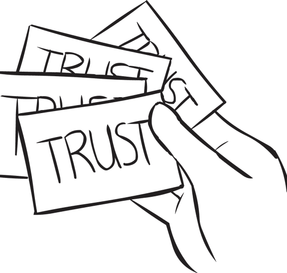 Hand holding bunch of index cards with TRUST written on them, as seen in interactive values exercise called Values Stock Market