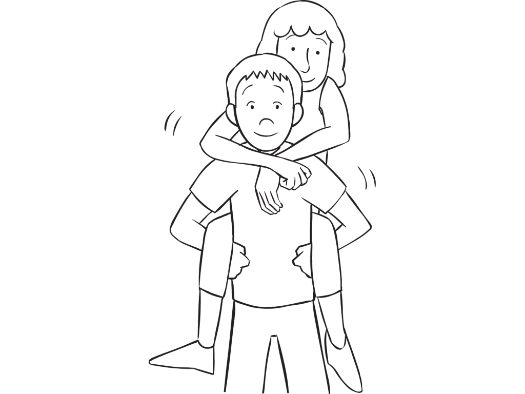 Girl on man's back piggy-back style as seen in energetic elimination game called Jockeys