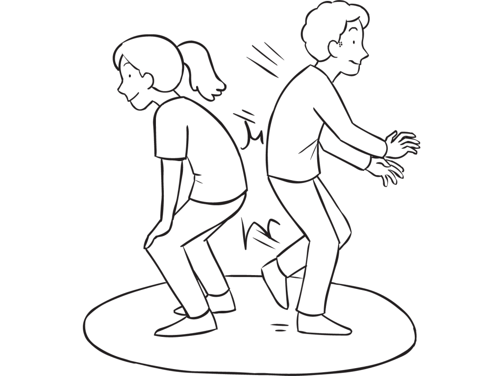 Two people standing back to back in a circle playing partner balance game called Butt Wars