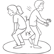 Two people standing back to back in a circle playing partner balance game called Butt Wars
