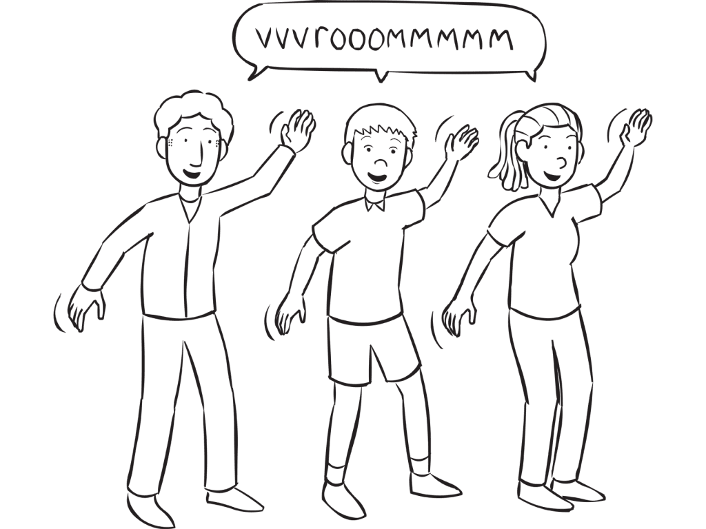 Three people all doing the same action in fun group guessing game In The Manner of the Word