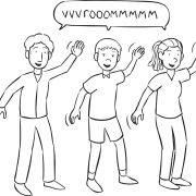 Three people all doing the same action in fun group guessing game In The Manner of the Word