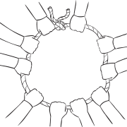 Lots of hands holding onto a loop of rope with a knot tied in it, as part of Pass the knot group reflection activity