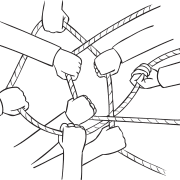 Group of hands holding onto a cross cross of ropes as part of team problem-solving activity Knot My Problem