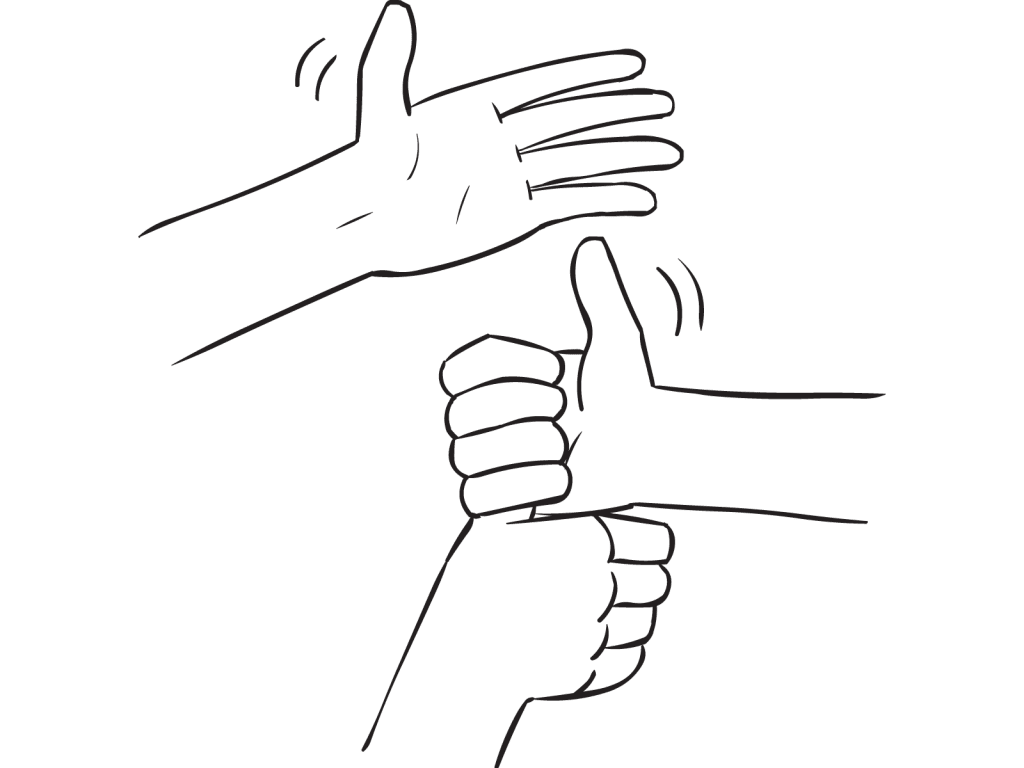 Three hands forming a stack of joined hands by holding thumbs as part of quick team-building exercise Lumberjack Stack