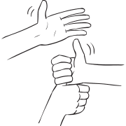Three hands forming a stack of joined hands by holding thumbs as part of quick team-building exercise Lumberjack Stack