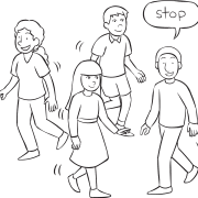 Four people moving about an area with one person saying Stop as part of active listening exercise Walk & Stop