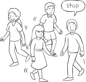 Four people moving about an area with one person saying Stop as part of energiser Walk & Stop
