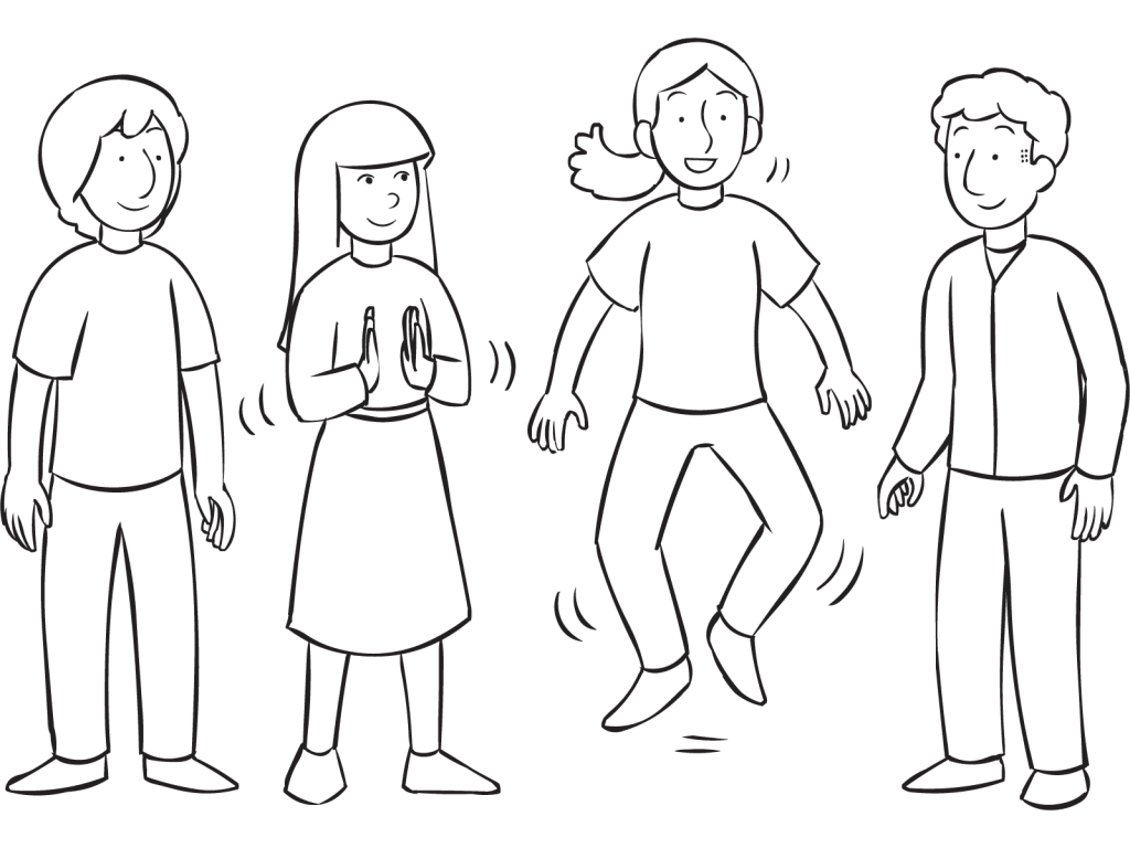 Line of people playing Jump Clap Spin Run energetic circle game