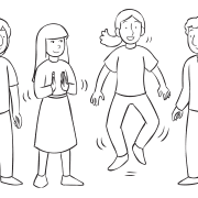 Line of people playing Jump Clap Spin Run energetic circle game