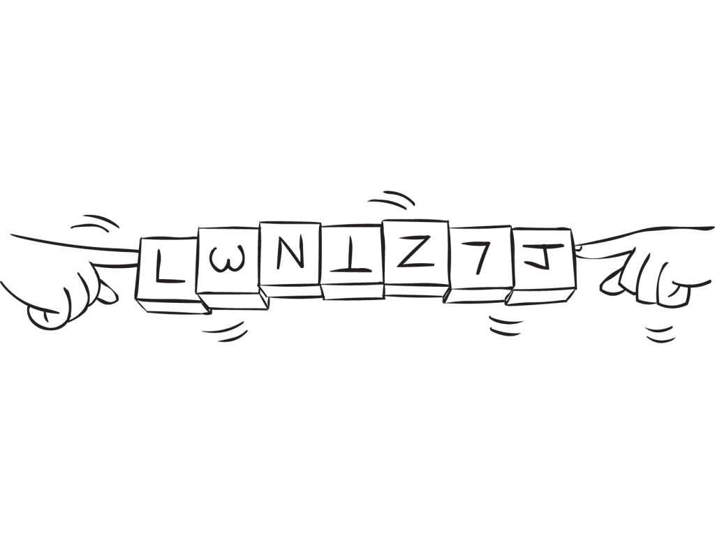 Two people using their fingers to keep a line of wooden blocks off the ground, as seen in partner team challenge Block Bridge