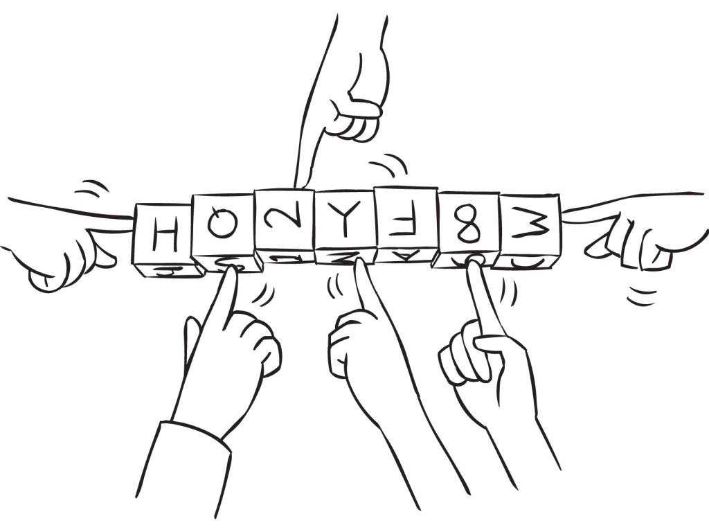 Set of wooden blocks lined up and held by a series of fingers in block-building challenge of Block Party