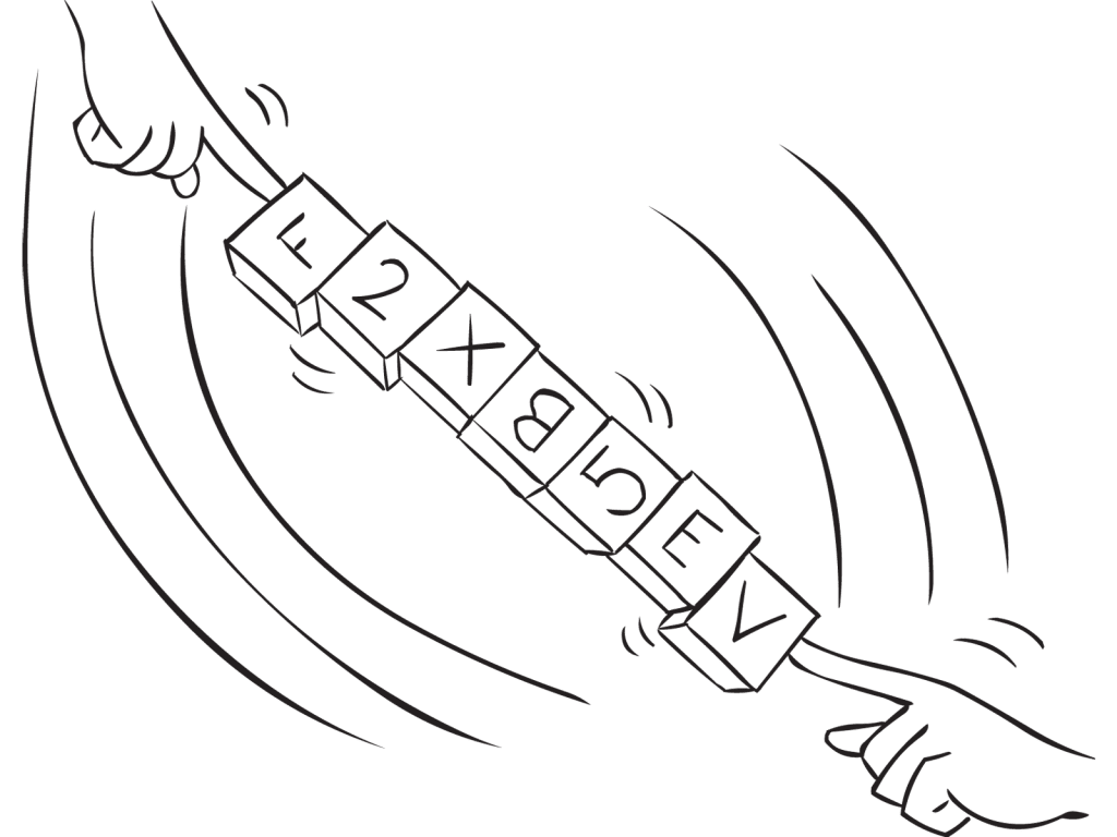 Set of wooden blocks in a line held together by two sets of fingers in Skyscraper Tower team problem-solving activity