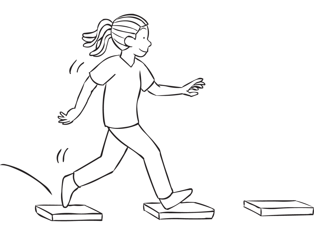 Woman stepping across stepping stones as part of fun team challenge Marshmallow River