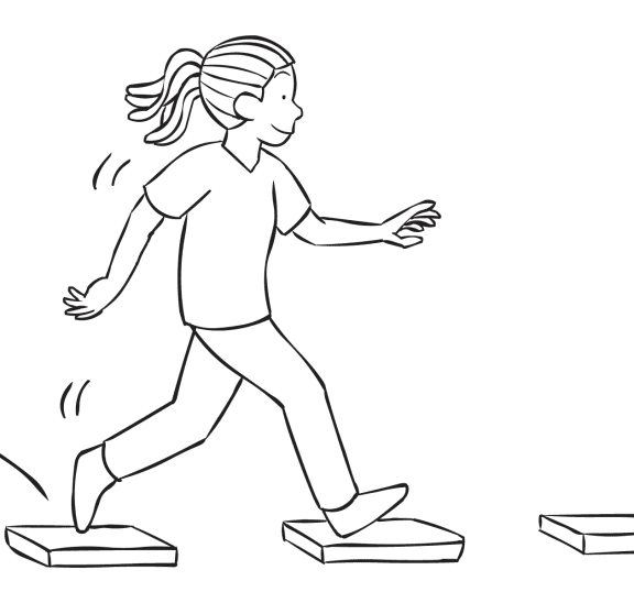 Woman stepping across stepping stones as part of fun team challenge Marshmallow River