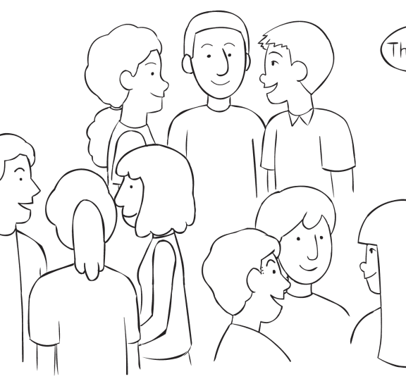 Clumps of small groups of three people gathered together as a quick grouping exercise