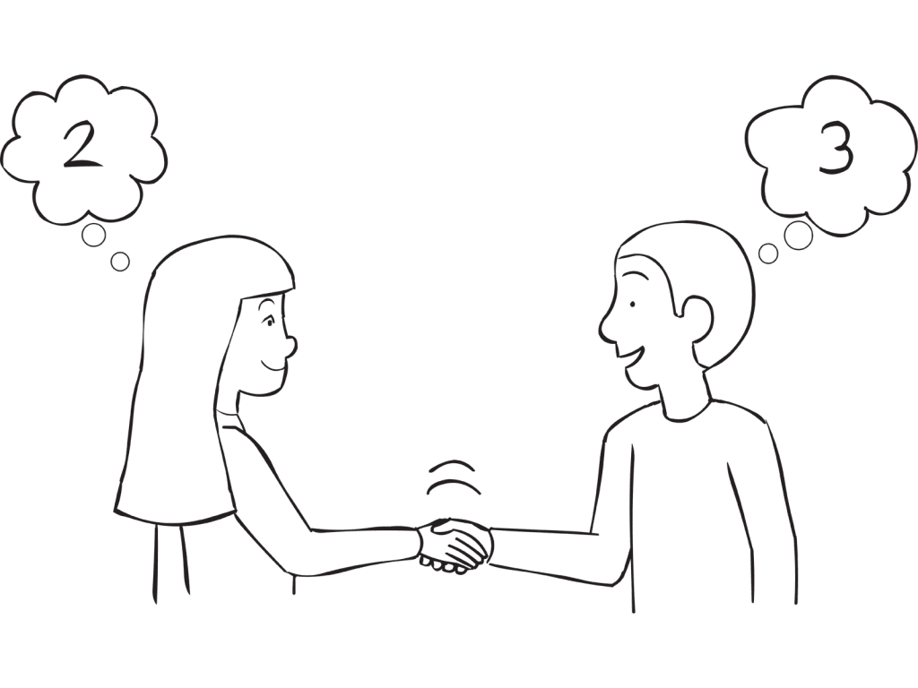 Two people shaking hands thinking of different number as seen in group formation game Physic Handshake ice-breaker and random group-splitting exercise
