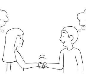 Two people shaking hands thinking of different number, as seen in Physic Handshake ice-breaker and random group-splitting exercise