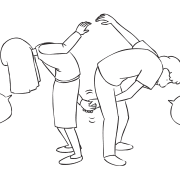 Two people shaking hands through their legs as part of interactive icebreaker activity Partner Greetings