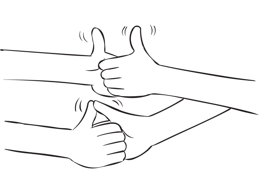 Two sets of hands gripped in a fun Thumb Wrestling fun partner energiser