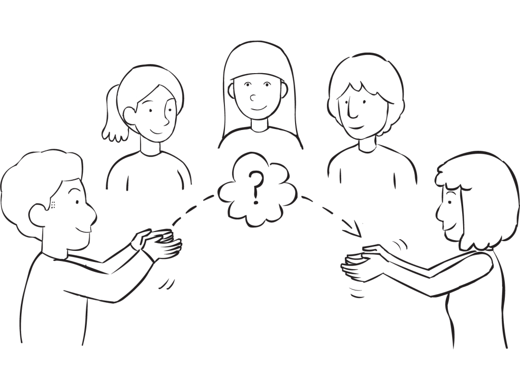 Group of people standing in circle and passing pretend objects to one another as part of interactive name game called Imaginary Toss-A-Name Game