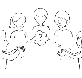 Group of people standing in circle and passing pretend objects to one another as part of interactive name game called Imaginary Toss-A-Name Game