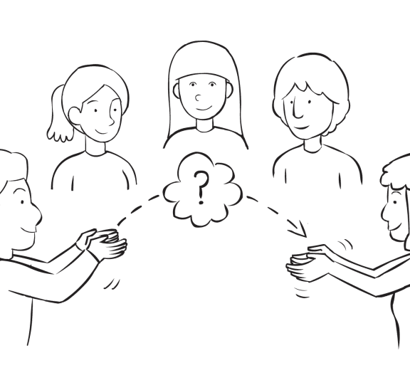 Group of people standing in circle and passing pretend objects to one another as part of interactive name game called Imaginary Toss-A-Name Game