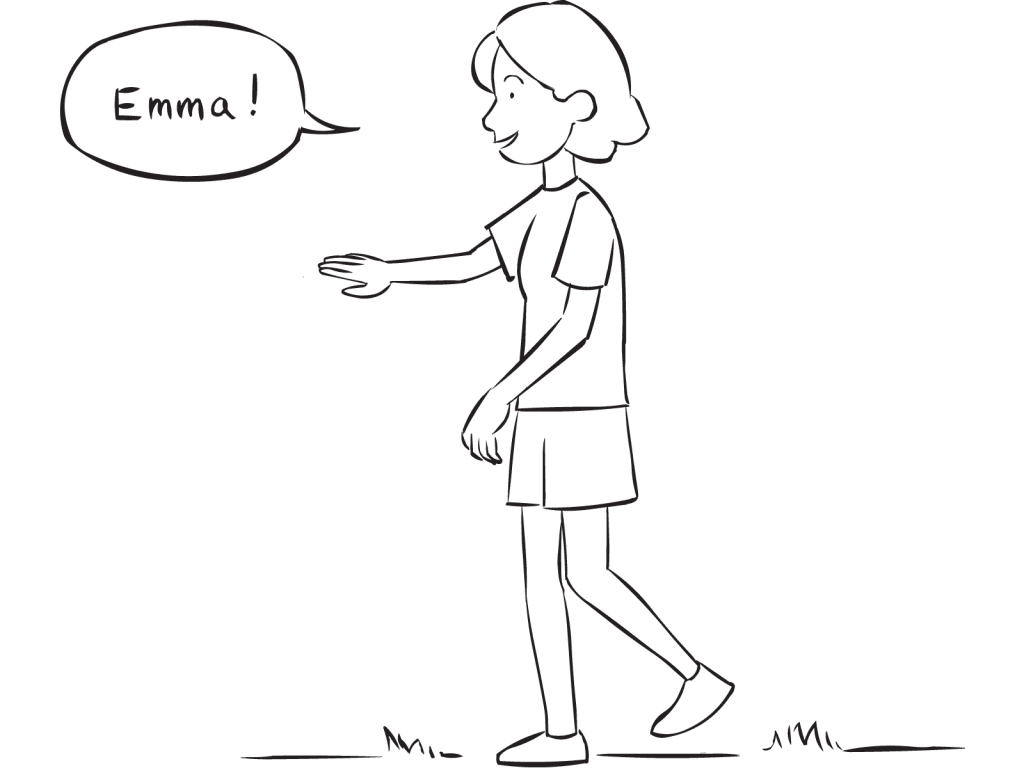 Woman walking forward calling for Emma as part of active name game called Fill Me In