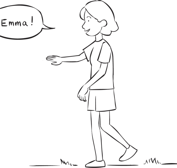 Woman walking forward calling for Emma as part of active name game called Fill Me In