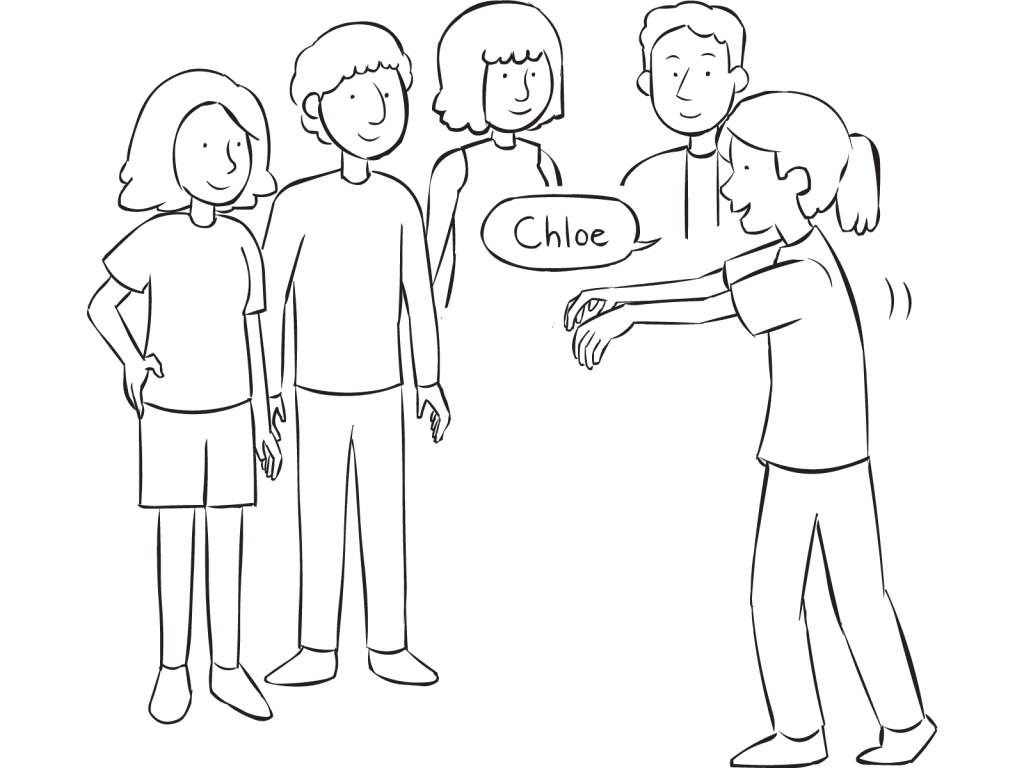 Woman acting like zombie as part of fun circle name-game called Zombie Name-Game