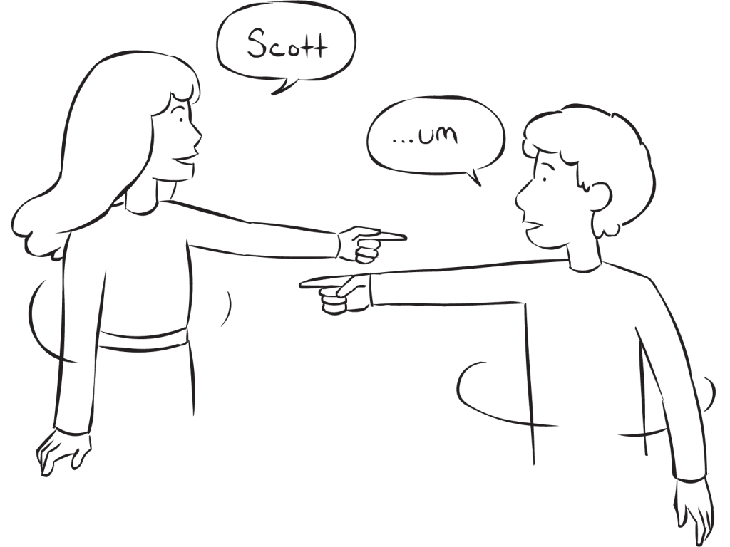 Two people pointing to each other as part of movement name game Name Roulette