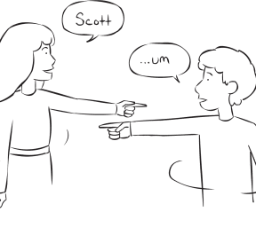 Two people pointing to each other as part of movement name game Name Roulette