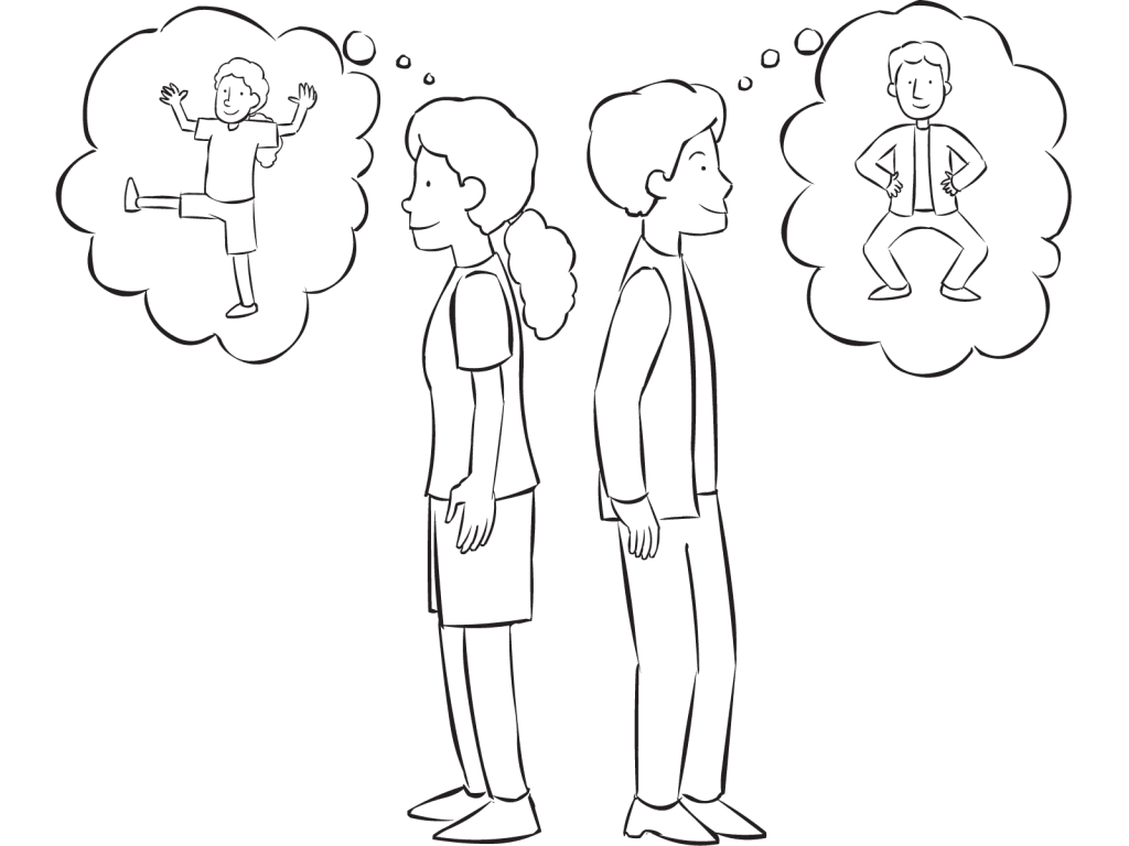 Two people standing back to back thinking of two different motions, about to play fun partner energiser ESP