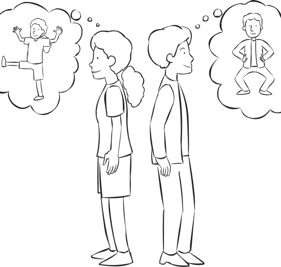 Two people standing back to back thinking of two different motions, about to play fun partner energiser ESP