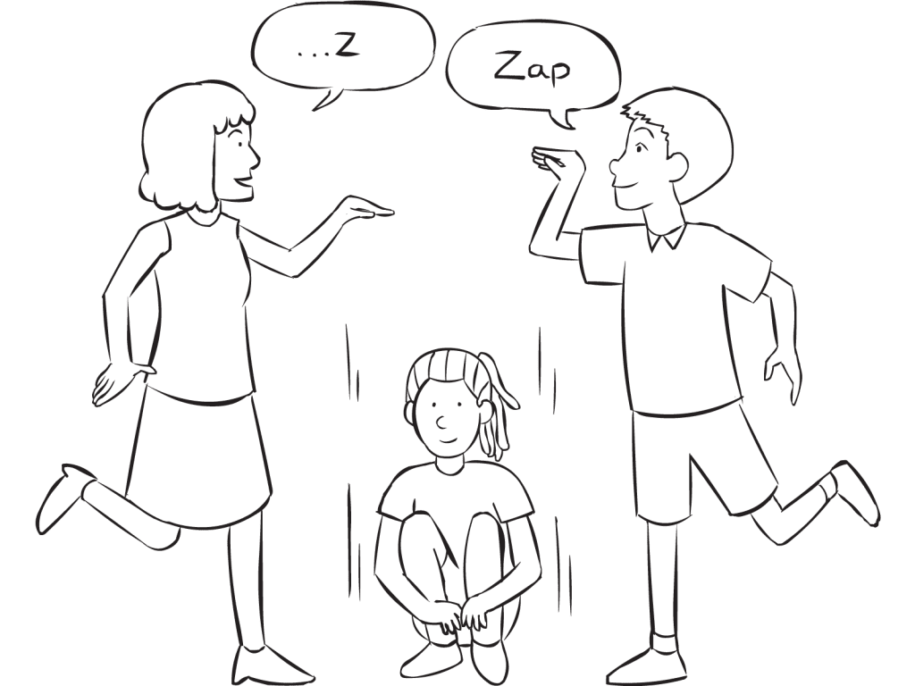 Three people playing fast-paced group game called Zip Zap