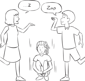 Three people playing fast-paced group game called Zip Zap