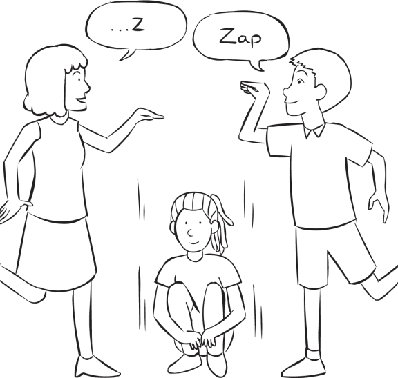 Three people playing fast-paced group game called Zip Zap