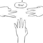 Three hands with outstretched fingers as featured in small group mathematics energiser called 1-2-3-4
