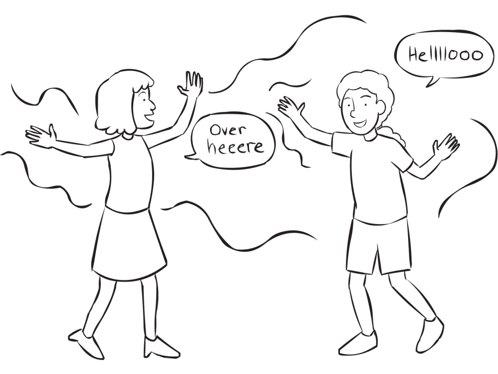 Two people excited to greet one another in playful icebreaker game Train Station Greetings game