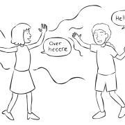 Two people excited to greet one another in playful icebreaker game Train Station Greetings game