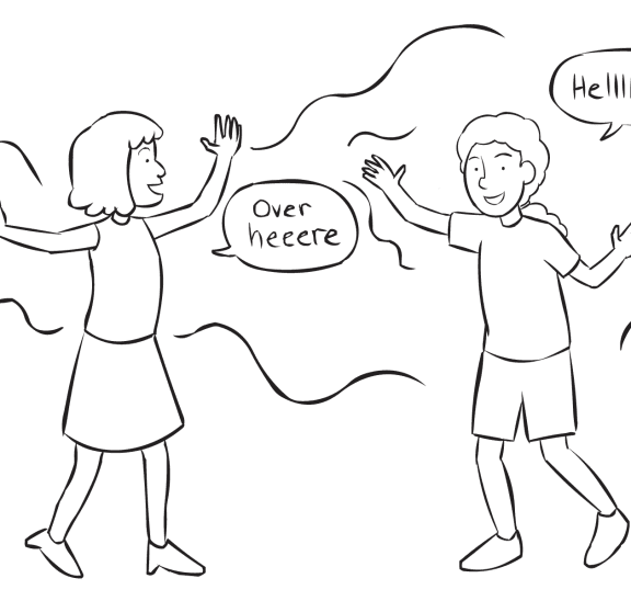 Two people excited to greet one another in playful icebreaker game Train Station Greetings game