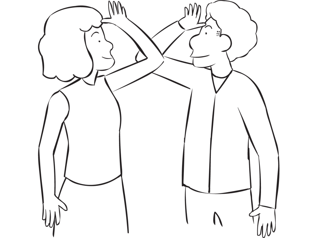 Two people touching elbows as part of active group energiser and warm-up called People to People