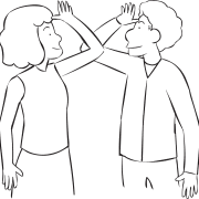 Two people touching elbows as part of active group energiser and warm-up called People to People